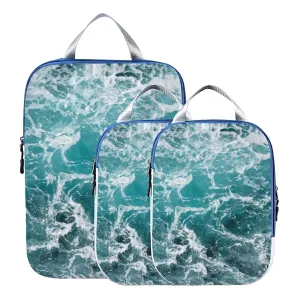 Turquoise Ocean Wavy Surface Water Splashes Close Up 3 Piece set Cubes Expandable Adjustable Luggage Packing Bags, Ultralight Organizer Accessories Travel Suitcase Compressible Bags