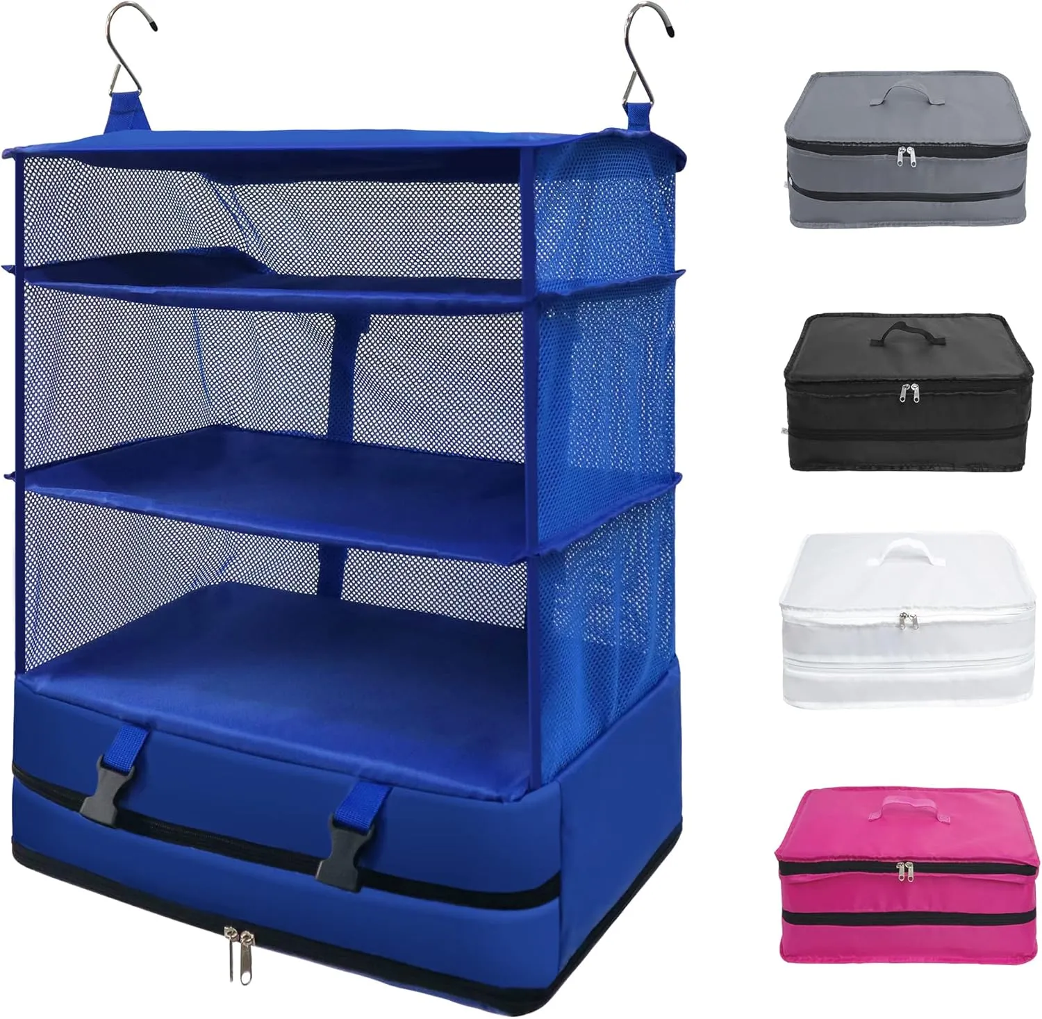 Twira Portable Hanging Travel Shelves, Suitcase Organizer, Packing Cubes for Travel, Carry-On Closet Insert, X-Large Capacity Travel Bags Collapsible 4-Shelf Travel Closet with 2 Hooks (Blue)