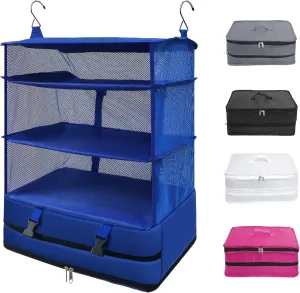 Twira Portable Hanging Travel Shelves, Suitcase Organizer, Packing Cubes for Travel, Carry-On Closet Insert, X-Large Capacity Travel Bags Collapsible 4-Shelf Travel Closet with 2 Hooks (Blue)