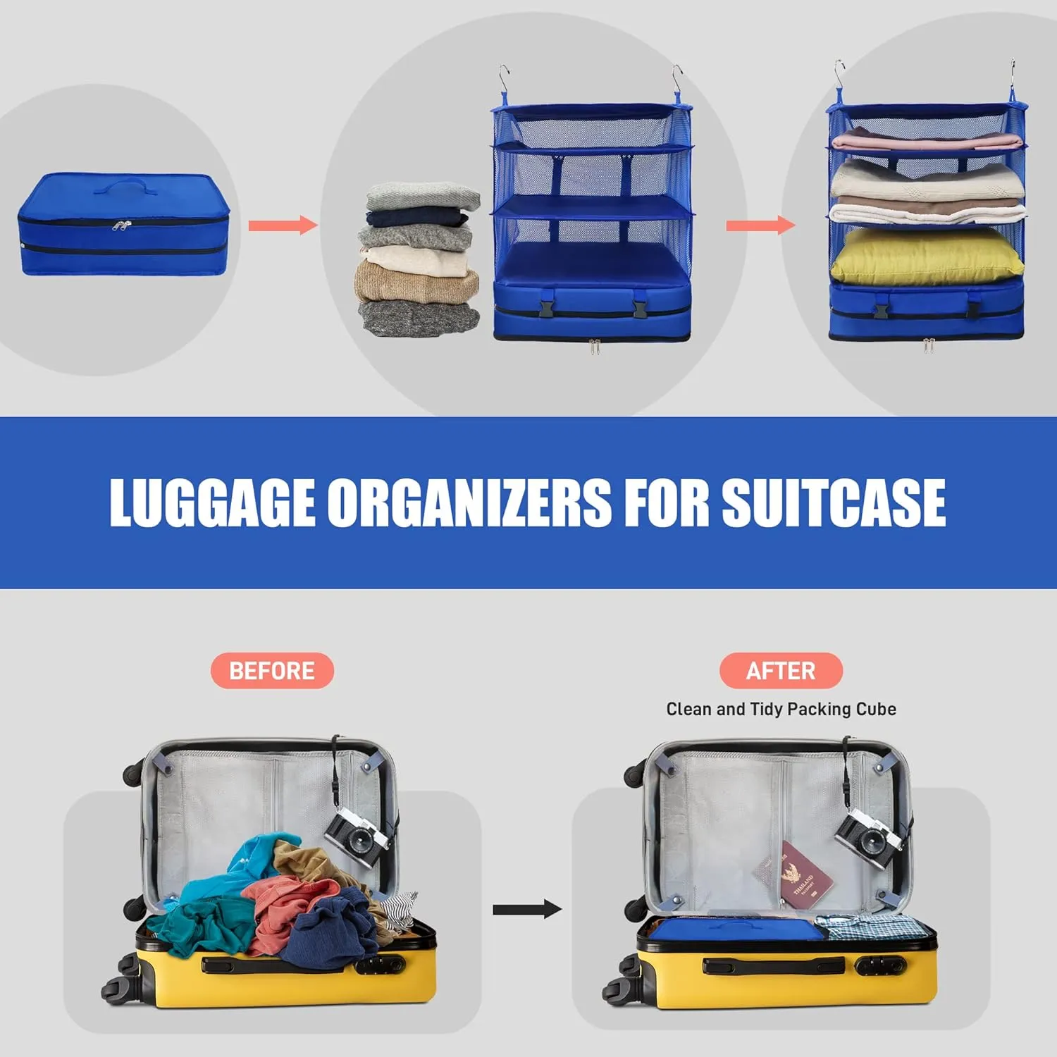 Twira Portable Hanging Travel Shelves, Suitcase Organizer, Packing Cubes for Travel, Carry-On Closet Insert, X-Large Capacity Travel Bags Collapsible 4-Shelf Travel Closet with 2 Hooks (Blue)