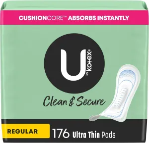 U by Kotex Clean & Secure Ultra Thin Pads, Regular Absorbency, 176 Count (4 Packs of 44) (Packaging May Vary)