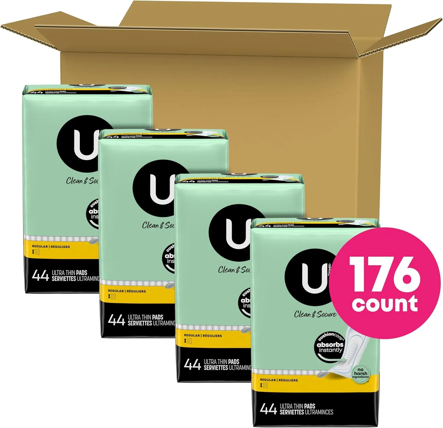U by Kotex Clean & Secure Ultra Thin Pads, Regular Absorbency, 176 Count (4 Packs of 44) (Packaging May Vary)