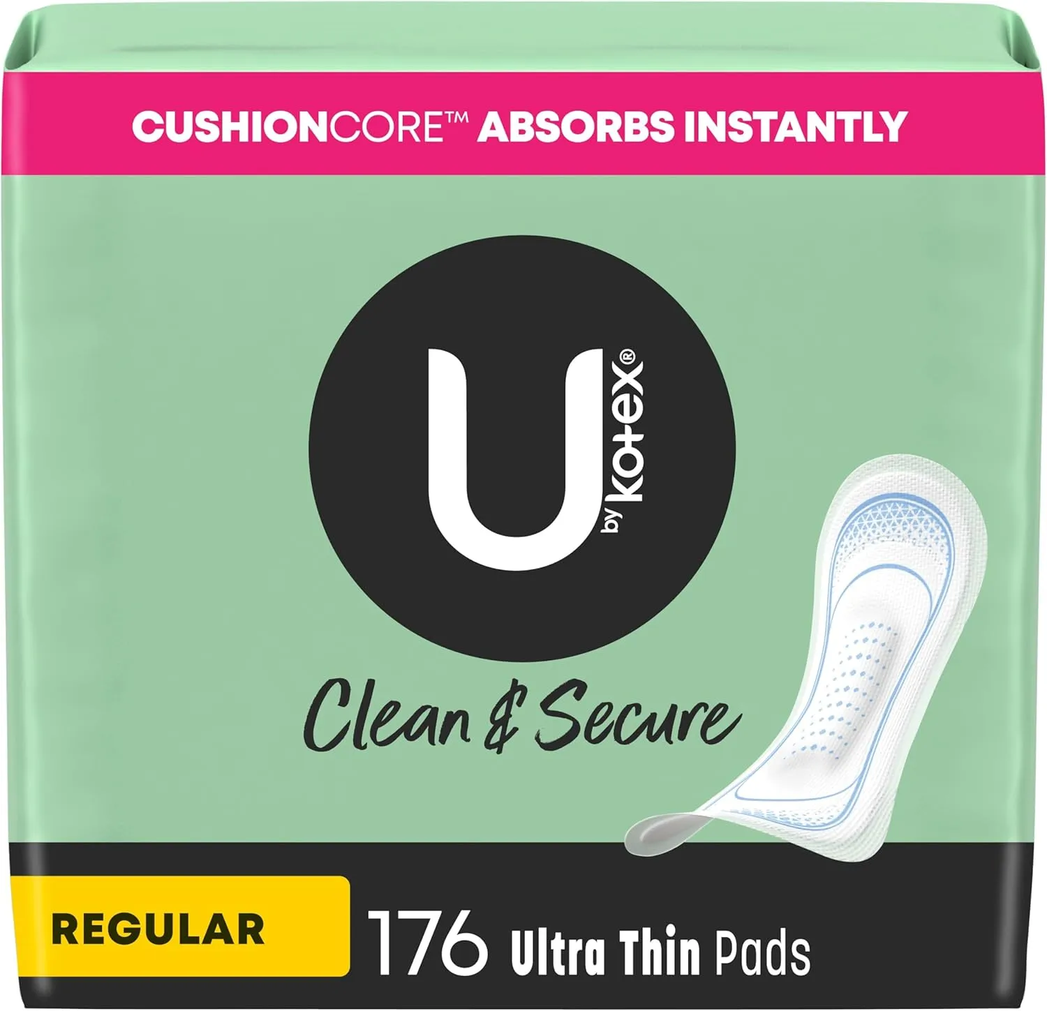 U by Kotex Clean & Secure Ultra Thin Pads, Regular Absorbency, 176 Count (4 Packs of 44) (Packaging May Vary)