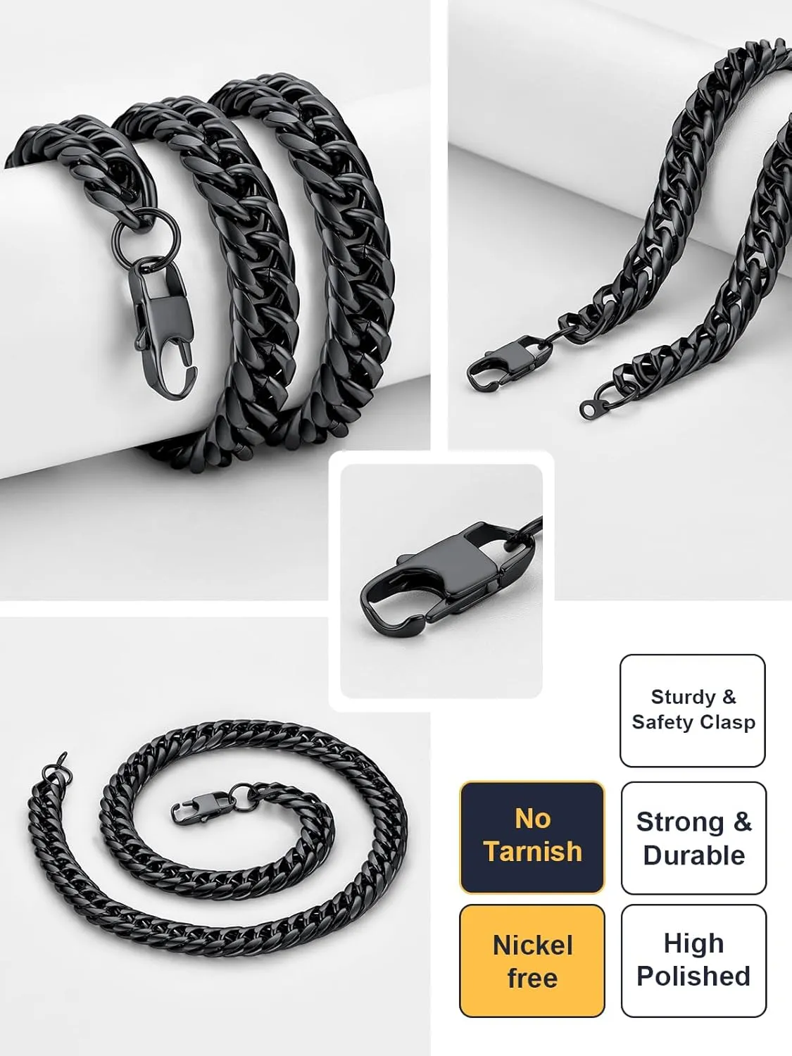 U7 Diamond Cut Miami Cuban Link Chain for Men Women Stainless Steel Curb Chain Necklace, Cool Hip Hop Jewelry Silver/Black/18K Gold Plated Chains, Width 3/6/9/12mm,18/20/22/24/26/28/30 Inch