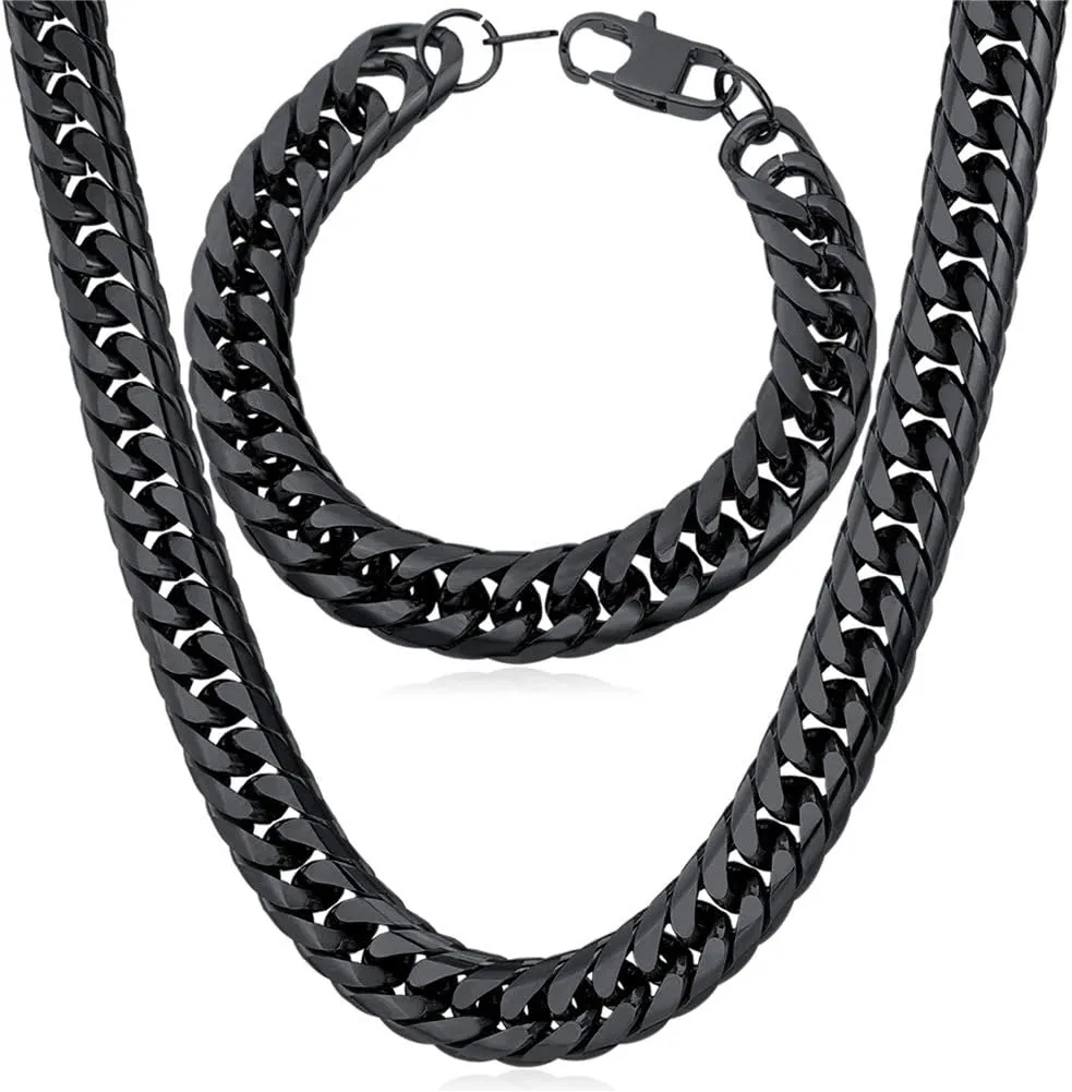 U7 Diamond Cut Miami Cuban Link Chain for Men Women Stainless Steel Curb Chain Necklace, Cool Hip Hop Jewelry Silver/Black/18K Gold Plated Chains, Width 3/6/9/12mm,18/20/22/24/26/28/30 Inch
