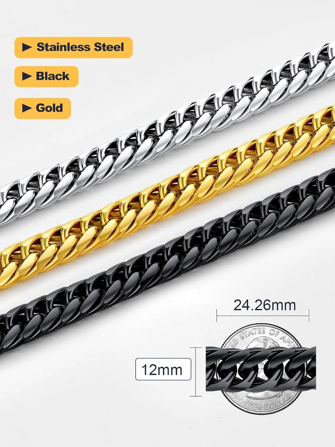 U7 Diamond Cut Miami Cuban Link Chain for Men Women Stainless Steel Curb Chain Necklace, Cool Hip Hop Jewelry Silver/Black/18K Gold Plated Chains, Width 3/6/9/12mm,18/20/22/24/26/28/30 Inch