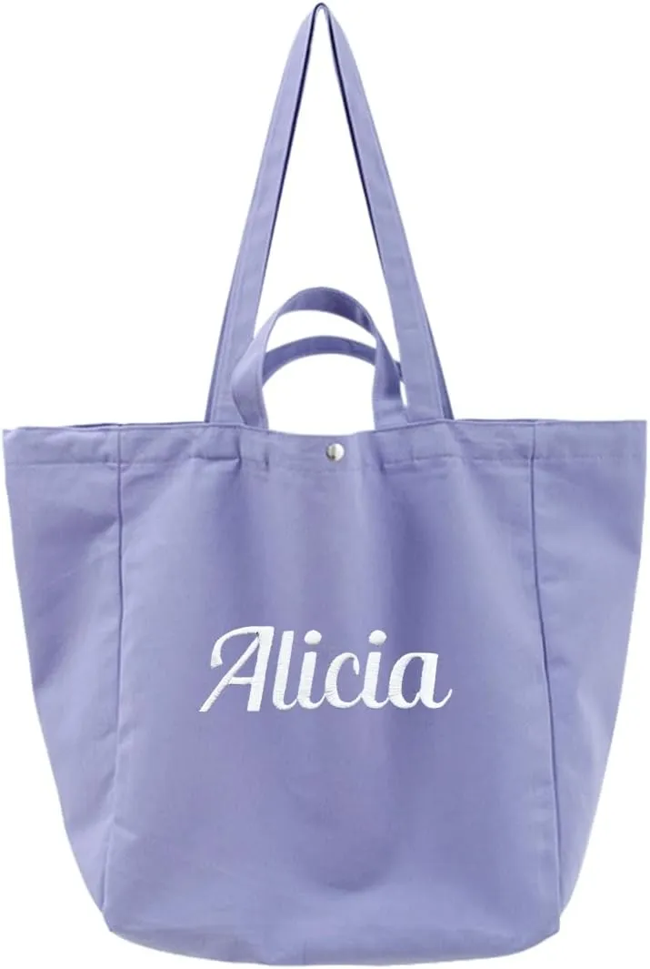 Ulico Personalized Canvas Tote Bag With Embroidered Name,Custom Large Capacity Shoulder Bag, Women Girl Shopping Travel Bag