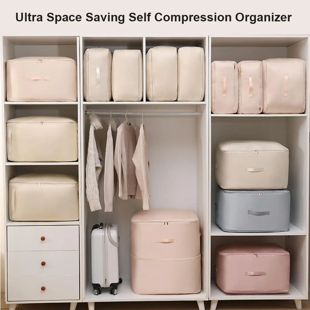 Ultra Space Saving Self Compression Organizer, Heavy Duty Moving Bags, Storage Tote for Space Saving, Self Compression Moving Organizer Bags for Comforters, Clothes, Blankets (Blue,XL(54*42*60CM))