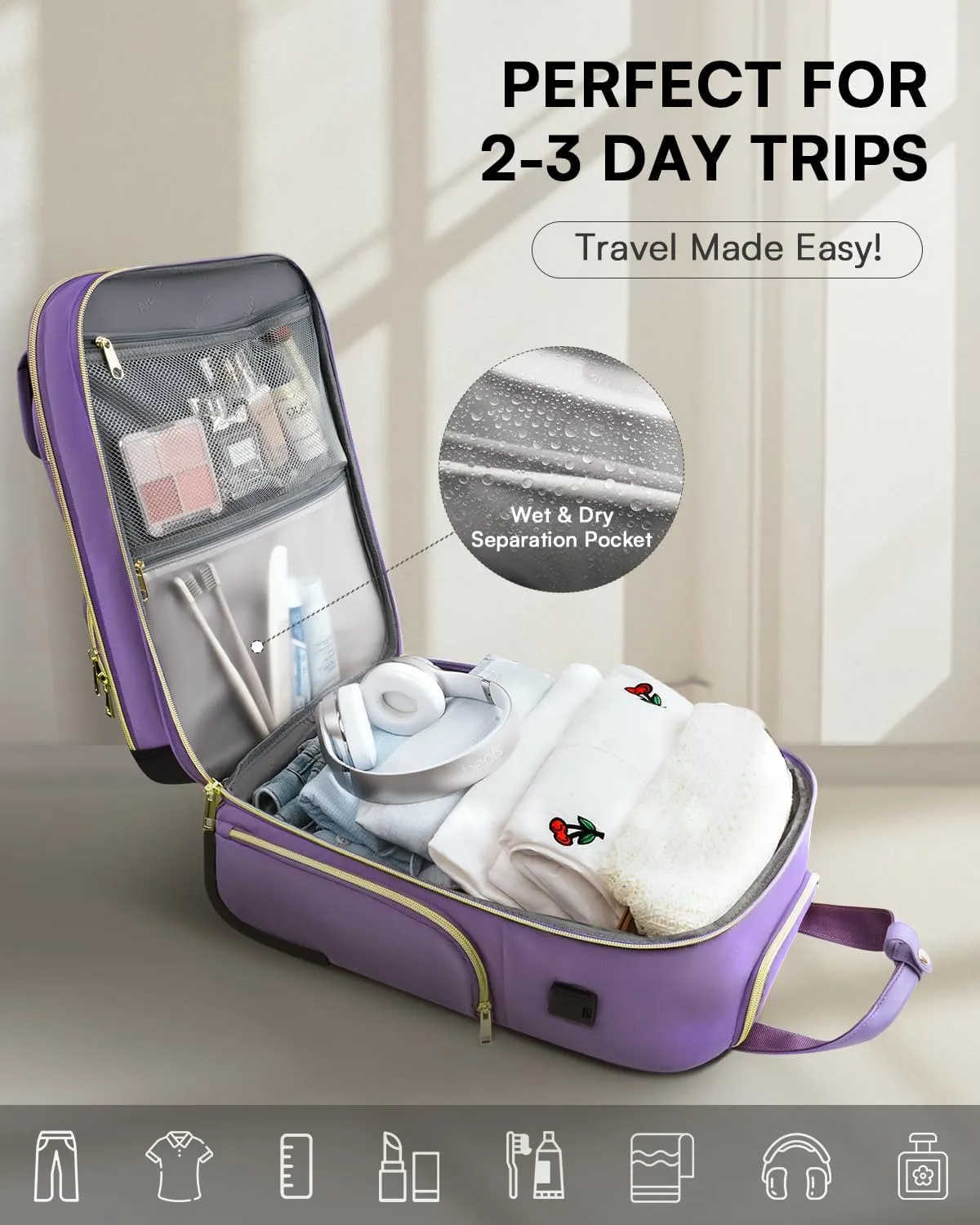 Underseat Carry On Luggage with Wheels, Airline Approved Personal Item Bag, 17-Inch Multi-functional Rolling Bag, Lightweight Overnight Suitcase for Women, Bussiness, Travel, Purple