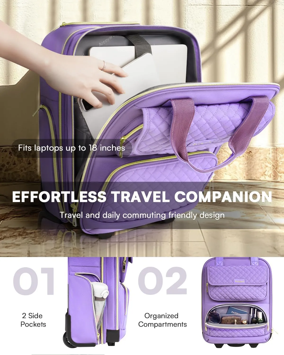 Underseat Carry On Luggage with Wheels, Airline Approved Personal Item Bag, 17-Inch Multi-functional Rolling Bag, Lightweight Overnight Suitcase for Women, Bussiness, Travel, Purple