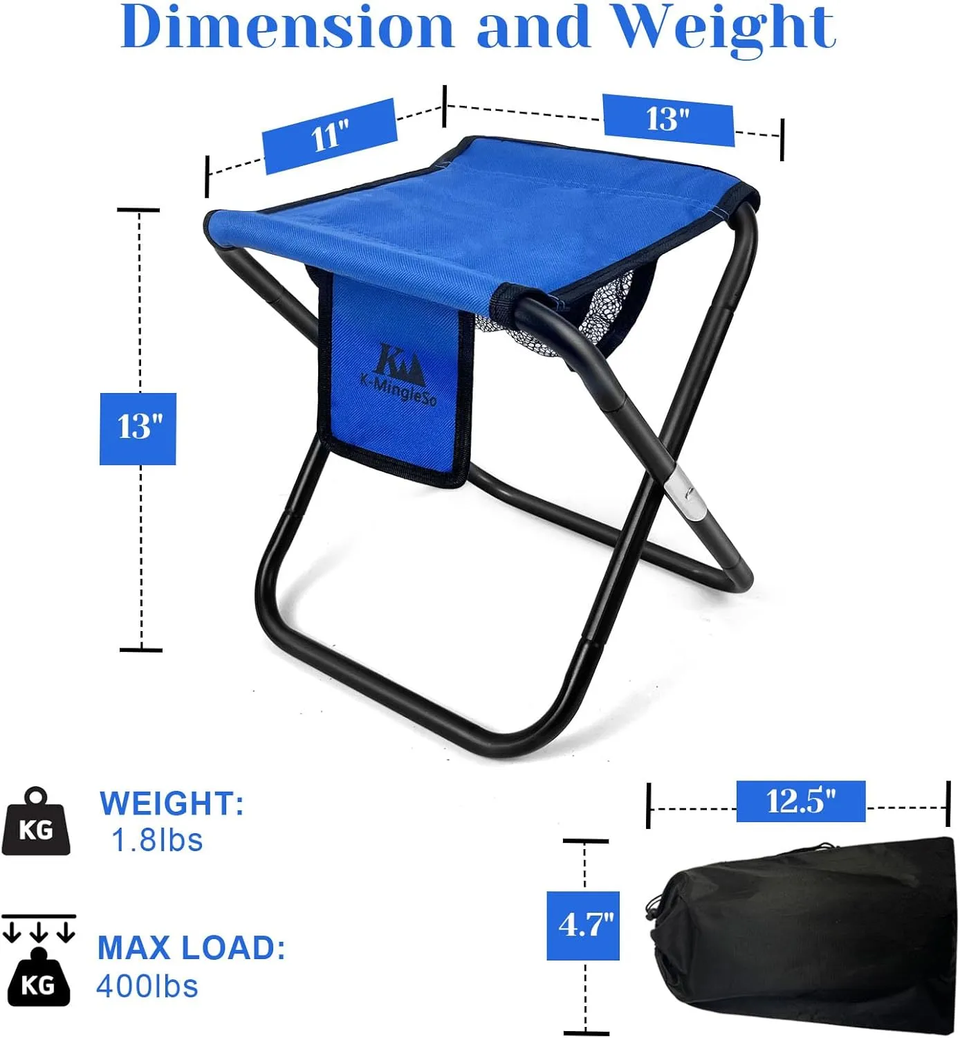 Upgraded 13 Inch Portable Folding Camping Stool with Side Pocket Mesh Pocket and Molle System, Lightweight Foldable Stool for Adults Gardening Travel BBQ Fishing with Carry Bag[Blue]