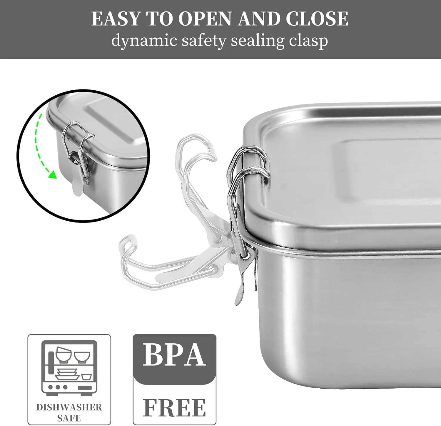 UPTRUST Leak Proof Stainless Steel Lunch Food Container, Large Bento Boxes Metal Lunch Box for Kids or Adults - Lockable Clips (1400ML/47oz)