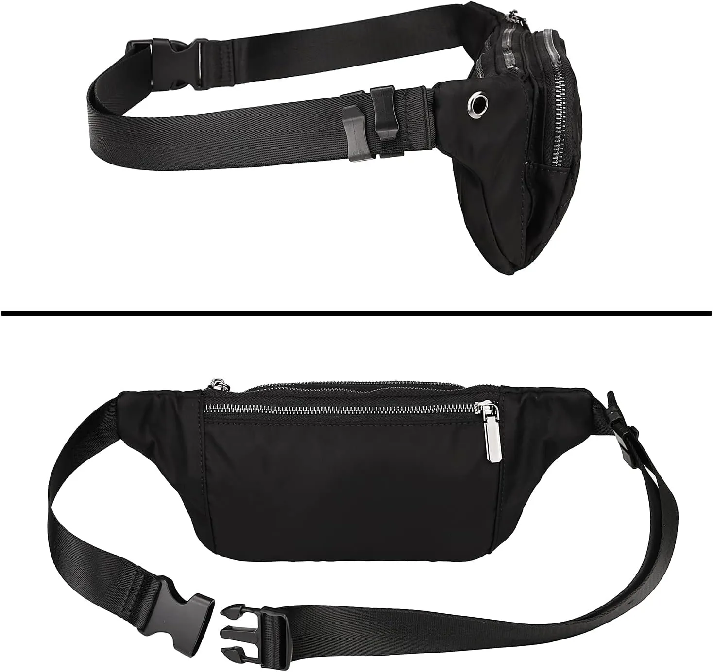 Uromee Fanny Packs for Women Crossbody Belt Bag Quilted Nylon Lightweight Slim Fashion Mini Waist Bag Travel Hiking Running Adjustable Strap 0234 Black
