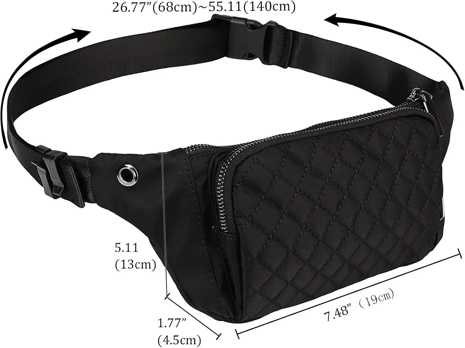Uromee Fanny Packs for Women Crossbody Belt Bag Quilted Nylon Lightweight Slim Fashion Mini Waist Bag Travel Hiking Running Adjustable Strap 0234 Black