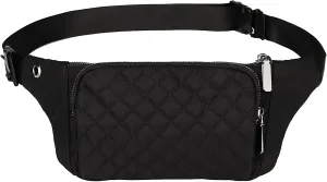 Uromee Fanny Packs for Women Crossbody Belt Bag Quilted Nylon Lightweight Slim Fashion Mini Waist Bag Travel Hiking Running Adjustable Strap 0234 Black