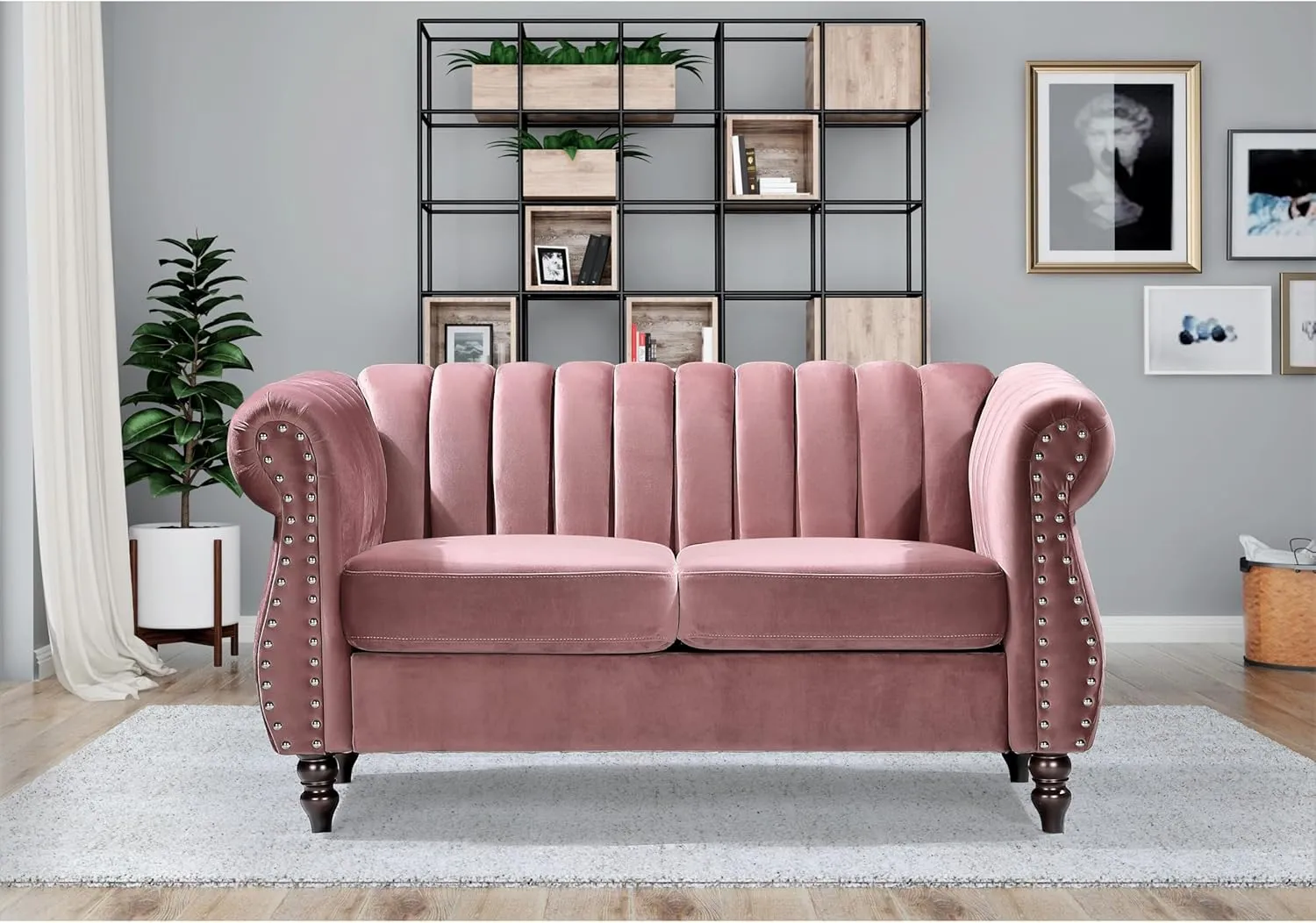 US Pride Furniture Charlot Velvet Chesterfield Rolled Arm Loveseat Pink