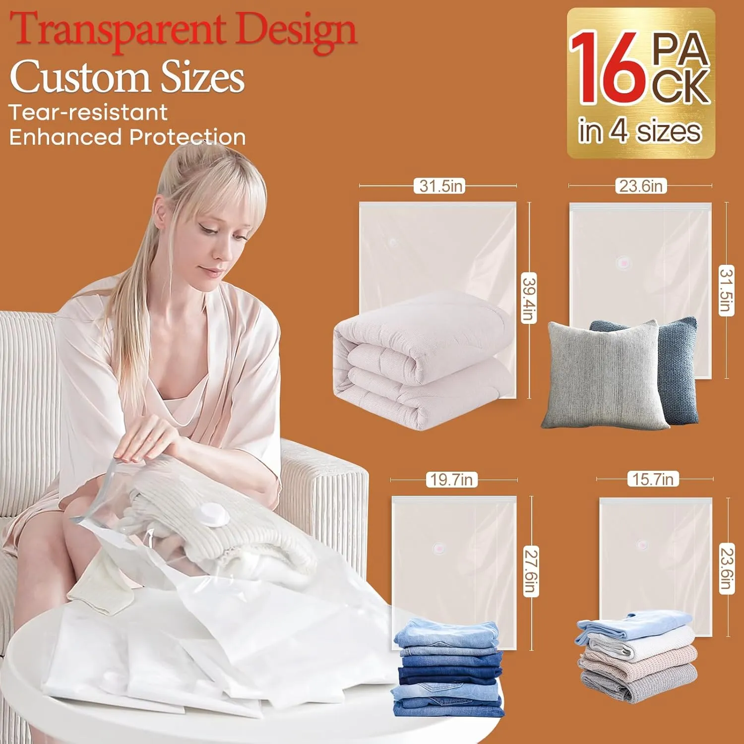 Vacuum Seal Bags for Clothing, 16 Pack Vacuum Storage Bags with Wireless Charging Air Pump(4J 4L 4M 4S), Space Saver Bags for Clothes Blanket Duvets Pillows Comforters Travel