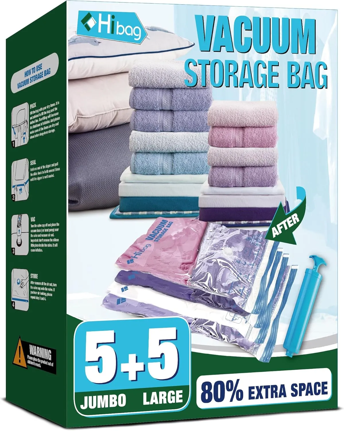 Vacuum Storage Bags, 5 Jumbo and 5 Large Space Saver Vacuum Seal Bags, Space Bags, Vacuum Seal Bags for Clothing, Clothes, Blankets, Bedding (5 Jumbo 5 Large)
