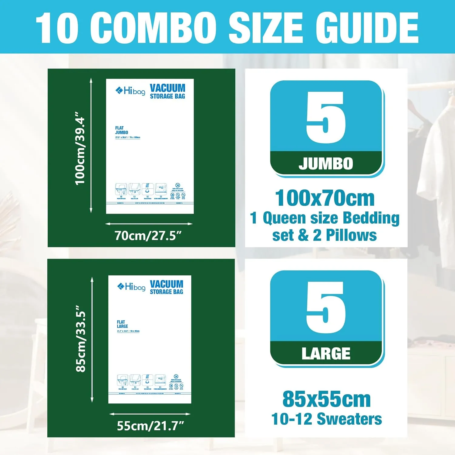 Vacuum Storage Bags, 5 Jumbo and 5 Large Space Saver Vacuum Seal Bags, Space Bags, Vacuum Seal Bags for Clothing, Clothes, Blankets, Bedding (5 Jumbo 5 Large)