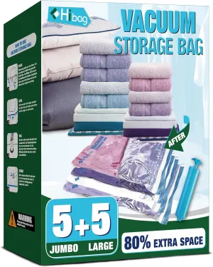 Vacuum Storage Bags, 5 Jumbo and 5 Large Space Saver Vacuum Seal Bags, Space Bags, Vacuum Seal Bags for Clothing, Clothes, Blankets, Bedding (5 Jumbo 5 Large)