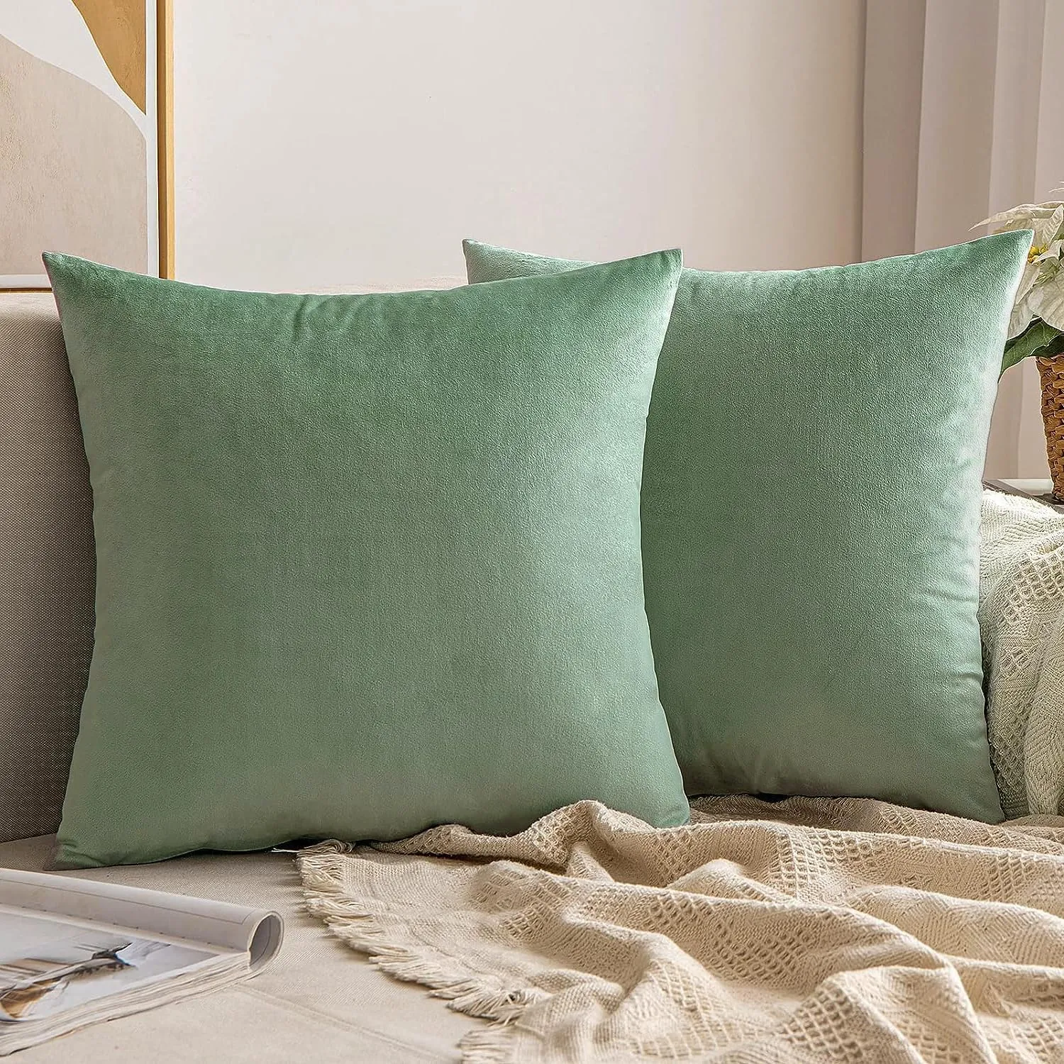 VAKADO Throw Pillow Covers Decorative 16X16 Set of 2 Sage Green Outdoor Decor Couch Cushion Covers Euro Pillowcases Home Bed Decoration for Sofa Bedroom Office