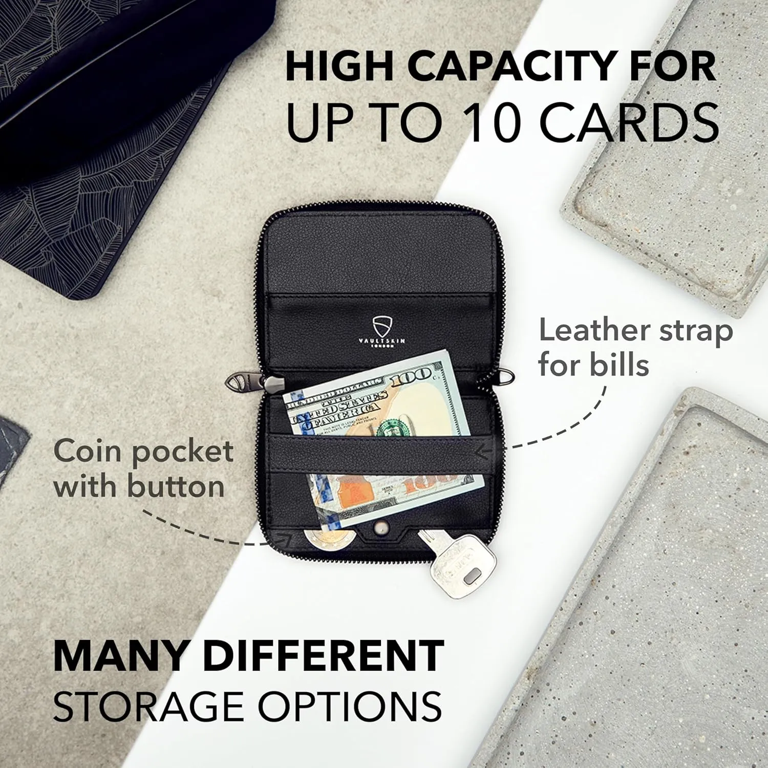 Vaultskin NOTTING HILL Minimalist Leather Zipper Wallet for Women and Men: Slim Multi Cardholder with RFID Blocking and Keychain Ring