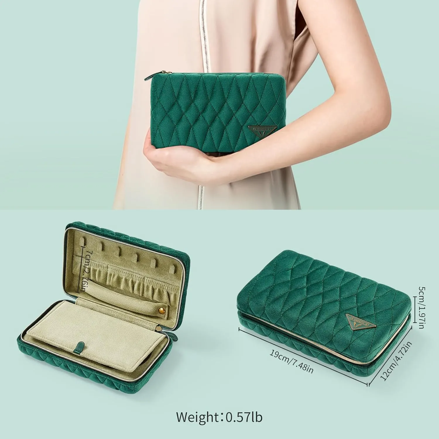 Vee Travel jewelry case,Elegant Diamond Quilted Velvet Jewelry organizer, Jewelry box for organizing bracelets necklaces rings earrings,birthday gifts for women,Green