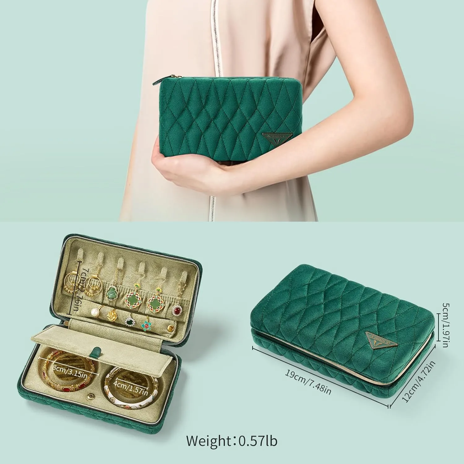 Vee Travel jewelry case,Elegant Diamond Quilted Velvet Jewelry organizer, Jewelry box for organizing bracelets necklaces rings earrings,birthday gifts for women,Green
