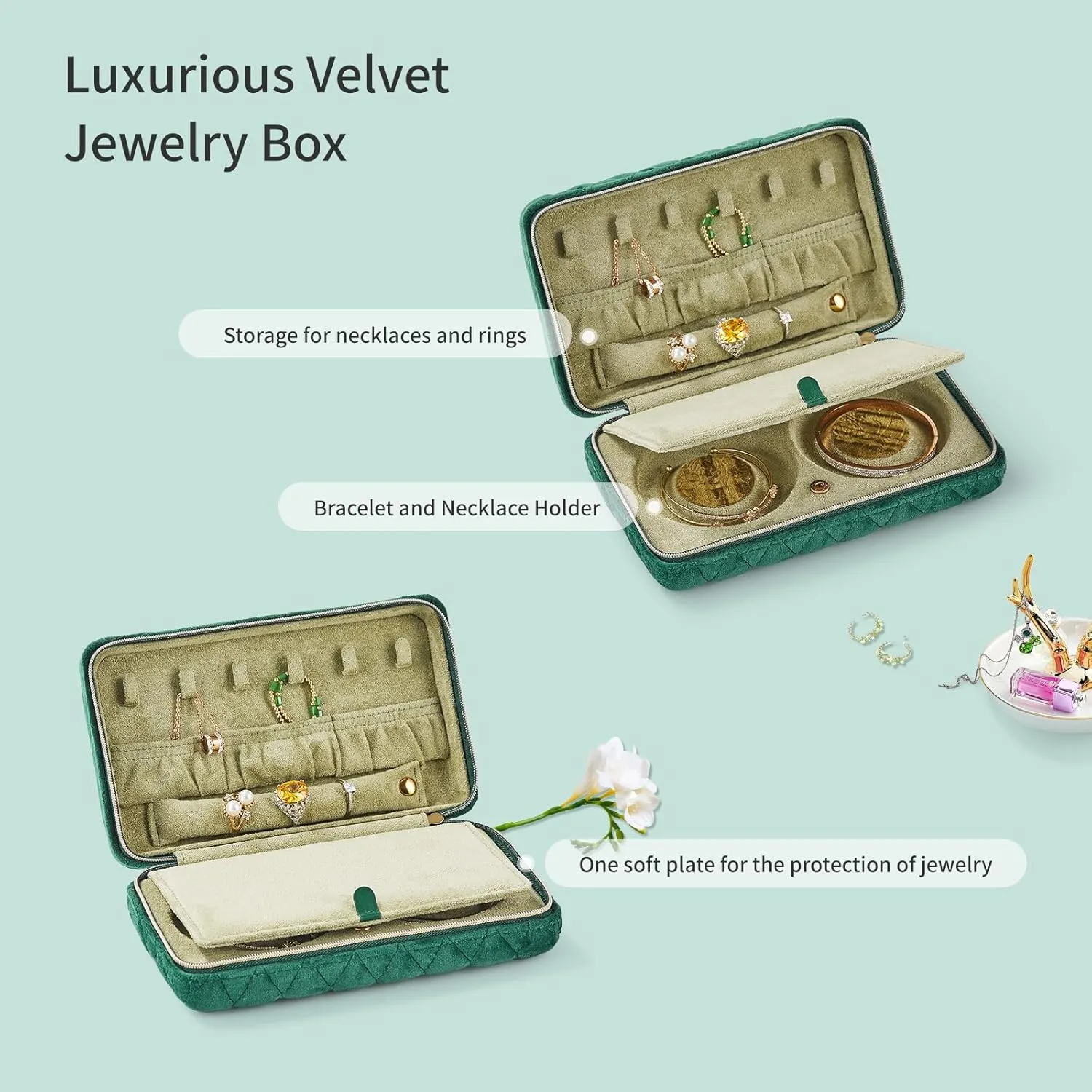 Vee Travel jewelry case,Elegant Diamond Quilted Velvet Jewelry organizer, Jewelry box for organizing bracelets necklaces rings earrings,birthday gifts for women,Green