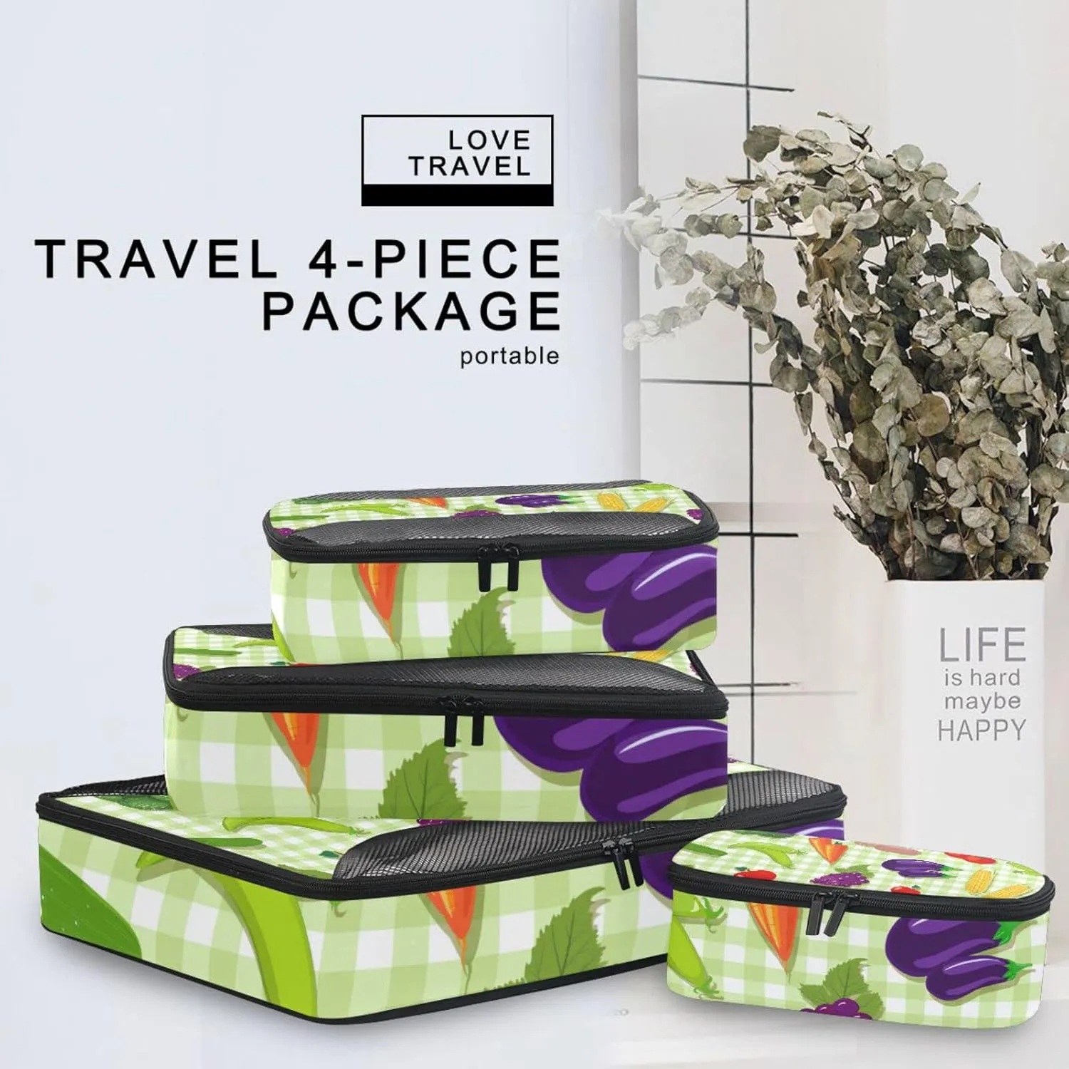 Vegetable Seamless Texture on Green Plaid Checker 4 PCs Set Packing Bags, Luggage Organizer Bag, Portable Cube Toiletry bag, Durable Travel Cosmetic Storage Bag for Men Women
