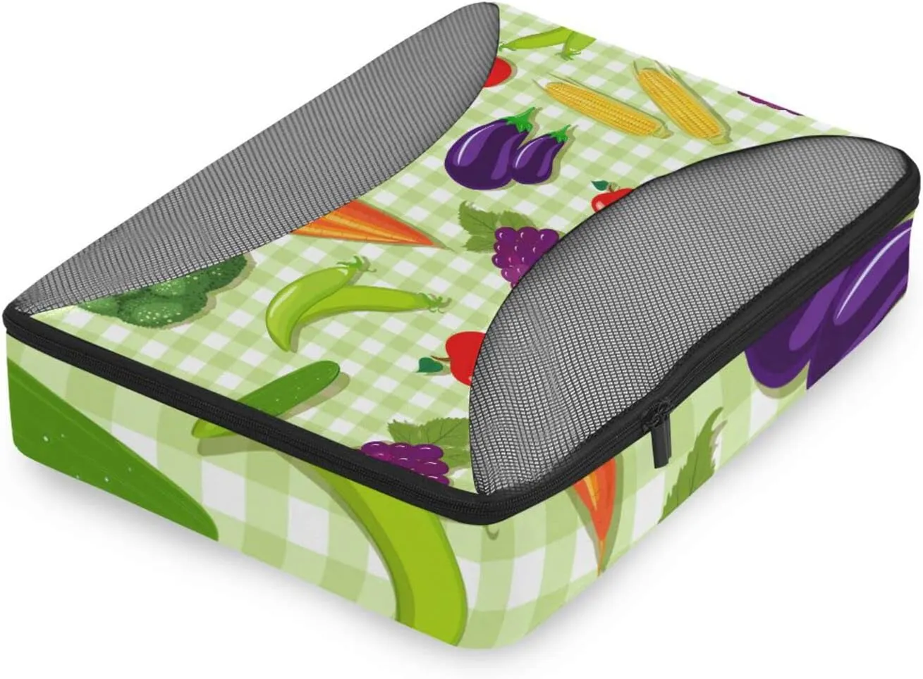 Vegetable Seamless Texture on Green Plaid Checker 4 PCs Set Packing Bags, Luggage Organizer Bag, Portable Cube Toiletry bag, Durable Travel Cosmetic Storage Bag for Men Women