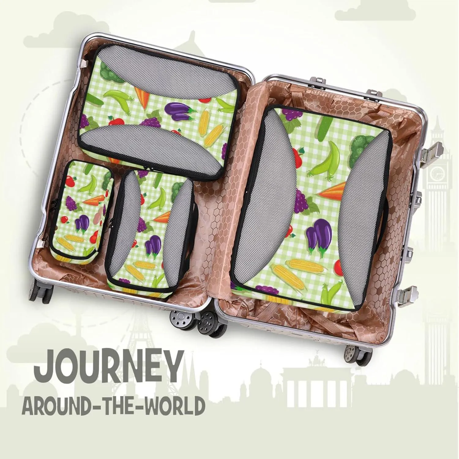 Vegetable Seamless Texture on Green Plaid Checker 4 PCs Set Packing Bags, Luggage Organizer Bag, Portable Cube Toiletry bag, Durable Travel Cosmetic Storage Bag for Men Women