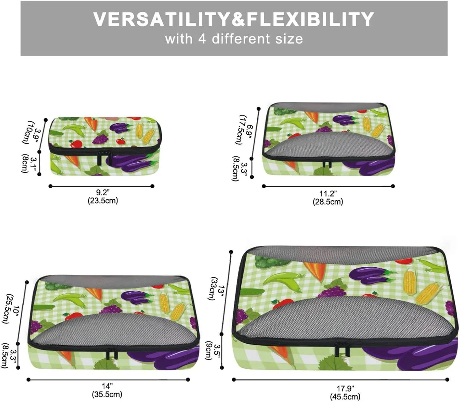 Vegetable Seamless Texture on Green Plaid Checker 4 PCs Set Packing Bags, Luggage Organizer Bag, Portable Cube Toiletry bag, Durable Travel Cosmetic Storage Bag for Men Women