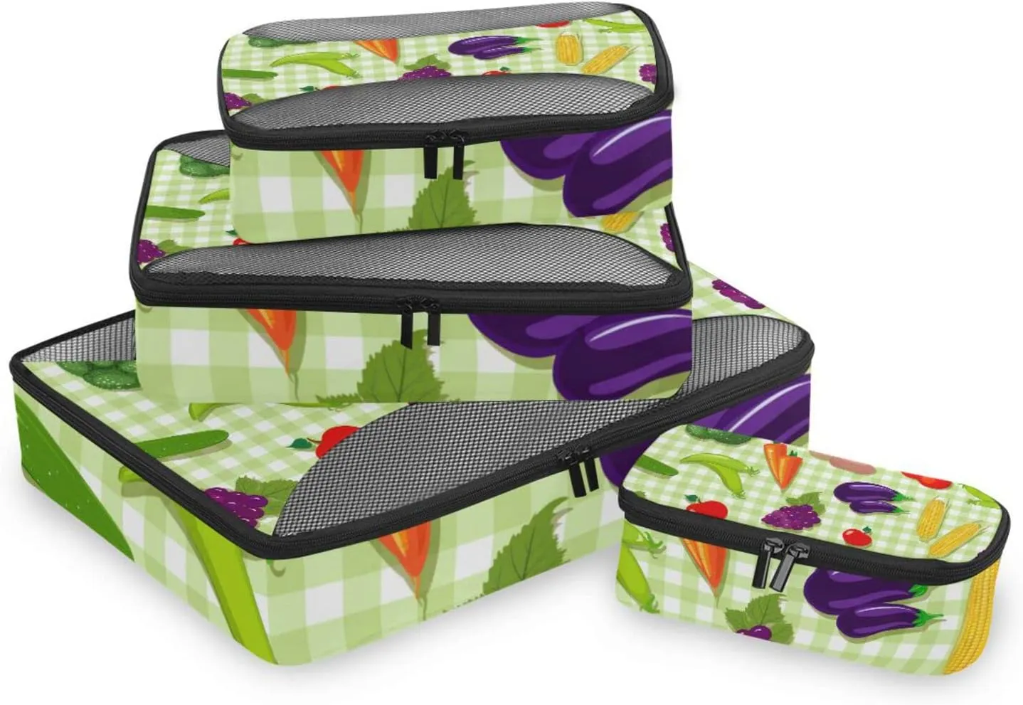 Vegetable Seamless Texture on Green Plaid Checker 4 PCs Set Packing Bags, Luggage Organizer Bag, Portable Cube Toiletry bag, Durable Travel Cosmetic Storage Bag for Men Women