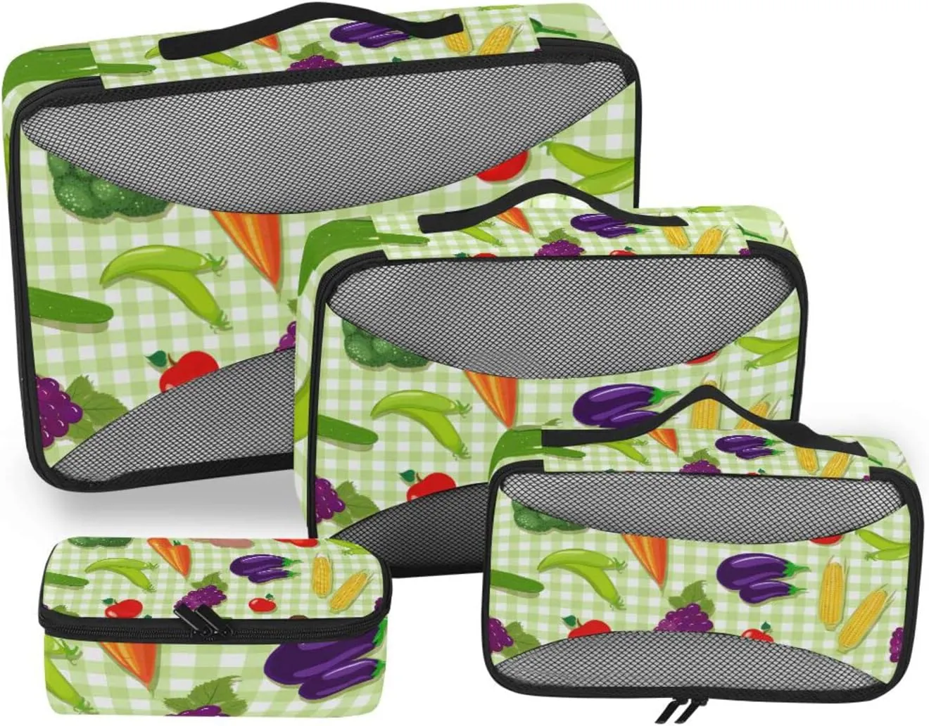 Vegetable Seamless Texture on Green Plaid Checker 4 PCs Set Packing Bags, Luggage Organizer Bag, Portable Cube Toiletry bag, Durable Travel Cosmetic Storage Bag for Men Women
