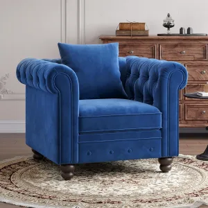 Velvet Armchair, Chesterfield Chair for Living Room, Tufted Accent Chair with Throw Pillow, Comfy Rolled Arm Club Chair, Springs Cushions & Wood Legs, Single Sofa for Apartment, Blue