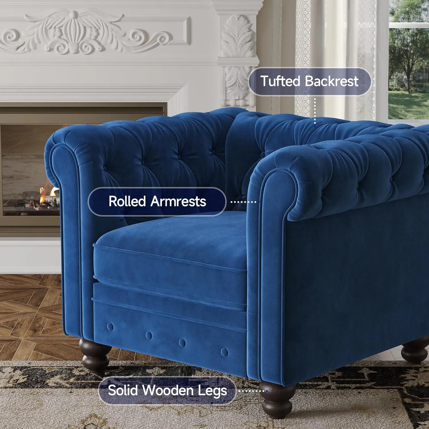 Velvet Armchair, Chesterfield Chair for Living Room, Tufted Accent Chair with Throw Pillow, Comfy Rolled Arm Club Chair, Springs Cushions & Wood Legs, Single Sofa for Apartment, Blue