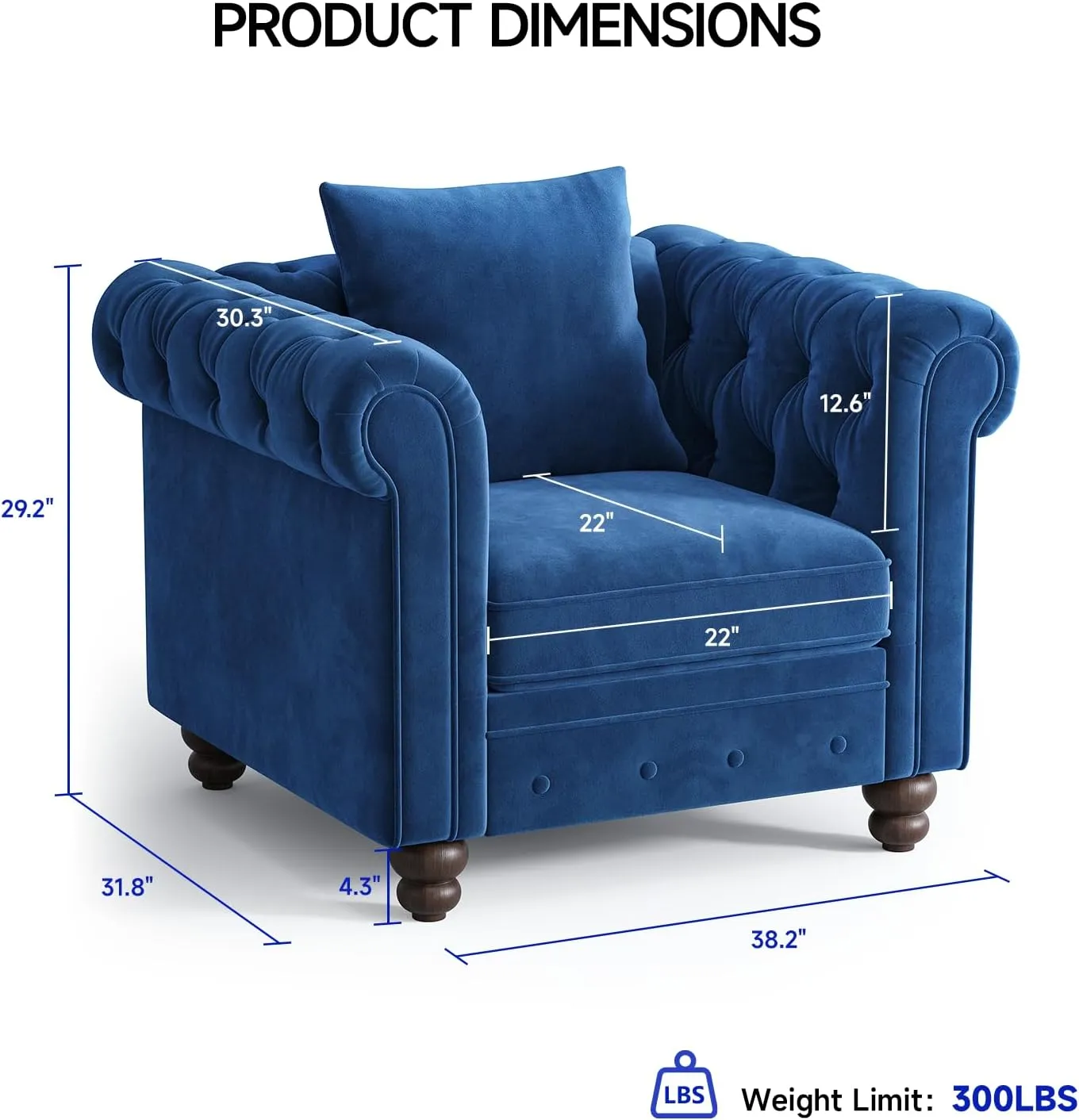 Velvet Armchair, Chesterfield Chair for Living Room, Tufted Accent Chair with Throw Pillow, Comfy Rolled Arm Club Chair, Springs Cushions & Wood Legs, Single Sofa for Apartment, Blue