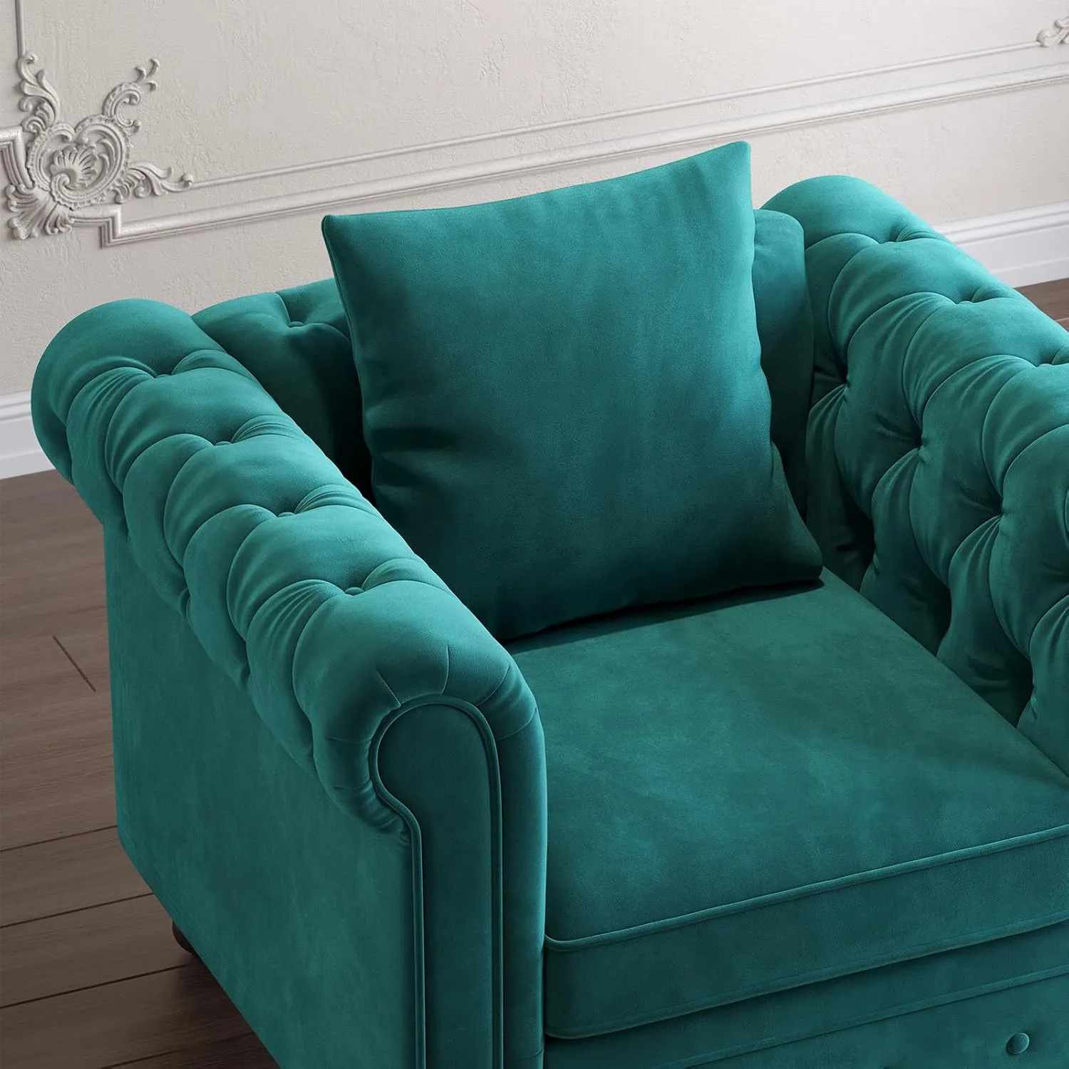 Velvet Armchair, Chesterfield Chair for Living Room, Tufted Accent Chair with Throw Pillow, Comfy Rolled Arm Club Chair, Springs Cushions & Wood Legs, Single Sofa for Apartment, Green