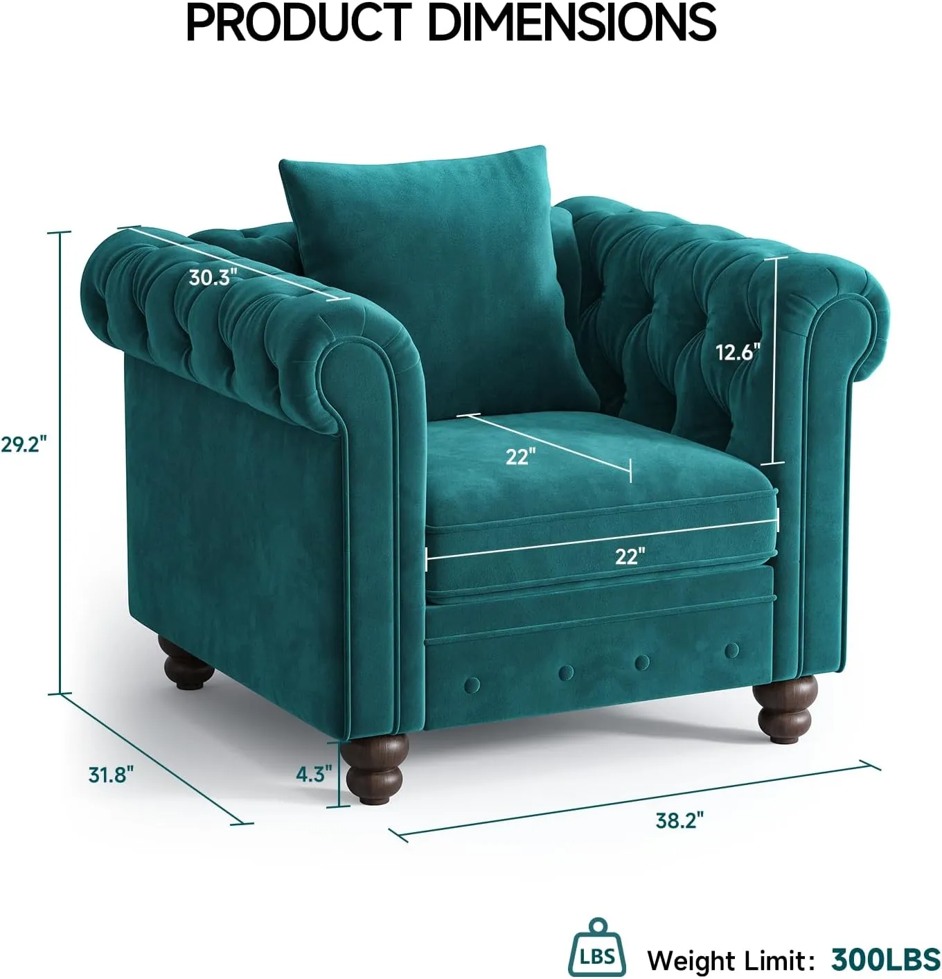 Velvet Armchair, Chesterfield Chair for Living Room, Tufted Accent Chair with Throw Pillow, Comfy Rolled Arm Club Chair, Springs Cushions & Wood Legs, Single Sofa for Apartment, Green