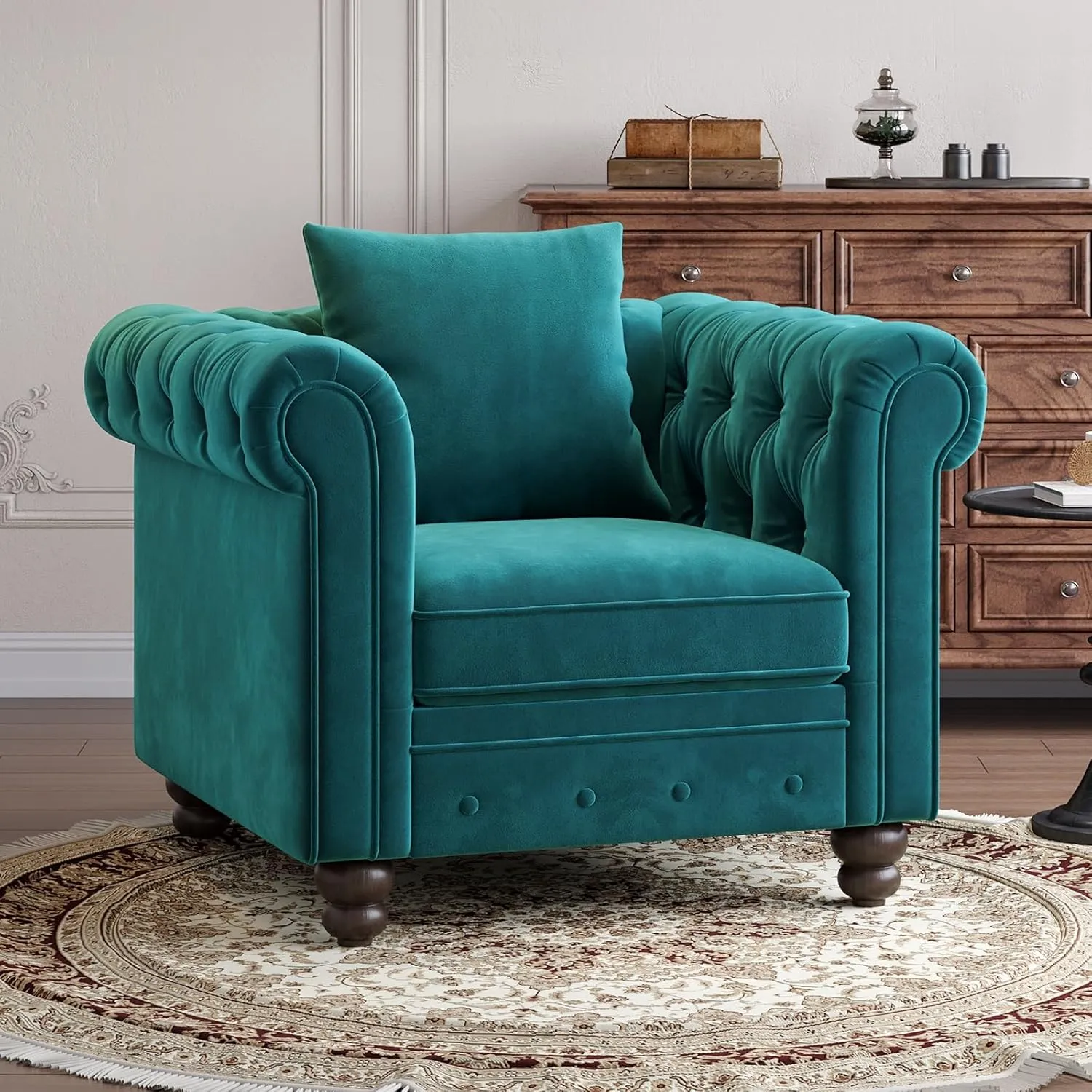 Velvet Armchair, Chesterfield Chair for Living Room, Tufted Accent Chair with Throw Pillow, Comfy Rolled Arm Club Chair, Springs Cushions & Wood Legs, Single Sofa for Apartment, Green