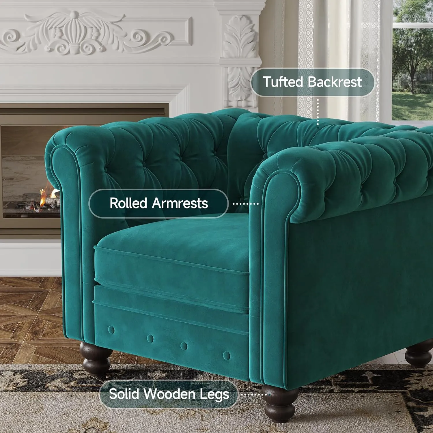 Velvet Armchair, Chesterfield Chair for Living Room, Tufted Accent Chair with Throw Pillow, Comfy Rolled Arm Club Chair, Springs Cushions & Wood Legs, Single Sofa for Apartment, Green