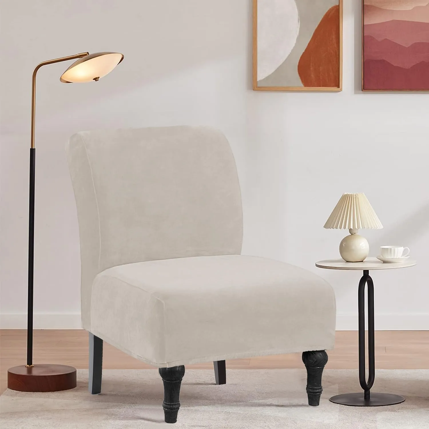 Velvet Armless Accent Chair Covers Luxury Thick Velvet Chair Slipcovers, Removable Furniture Protector for Living Dining Room Hotel, Ivory