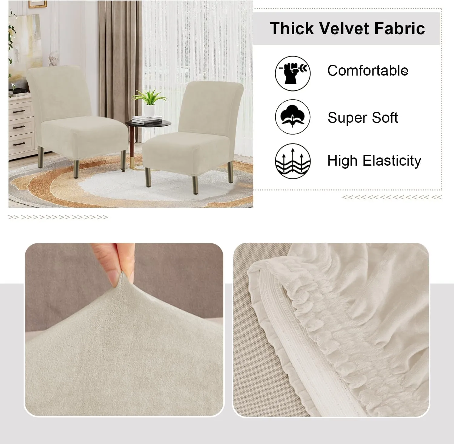 Velvet Armless Accent Chair Covers Luxury Thick Velvet Chair Slipcovers, Removable Furniture Protector for Living Dining Room Hotel, Ivory