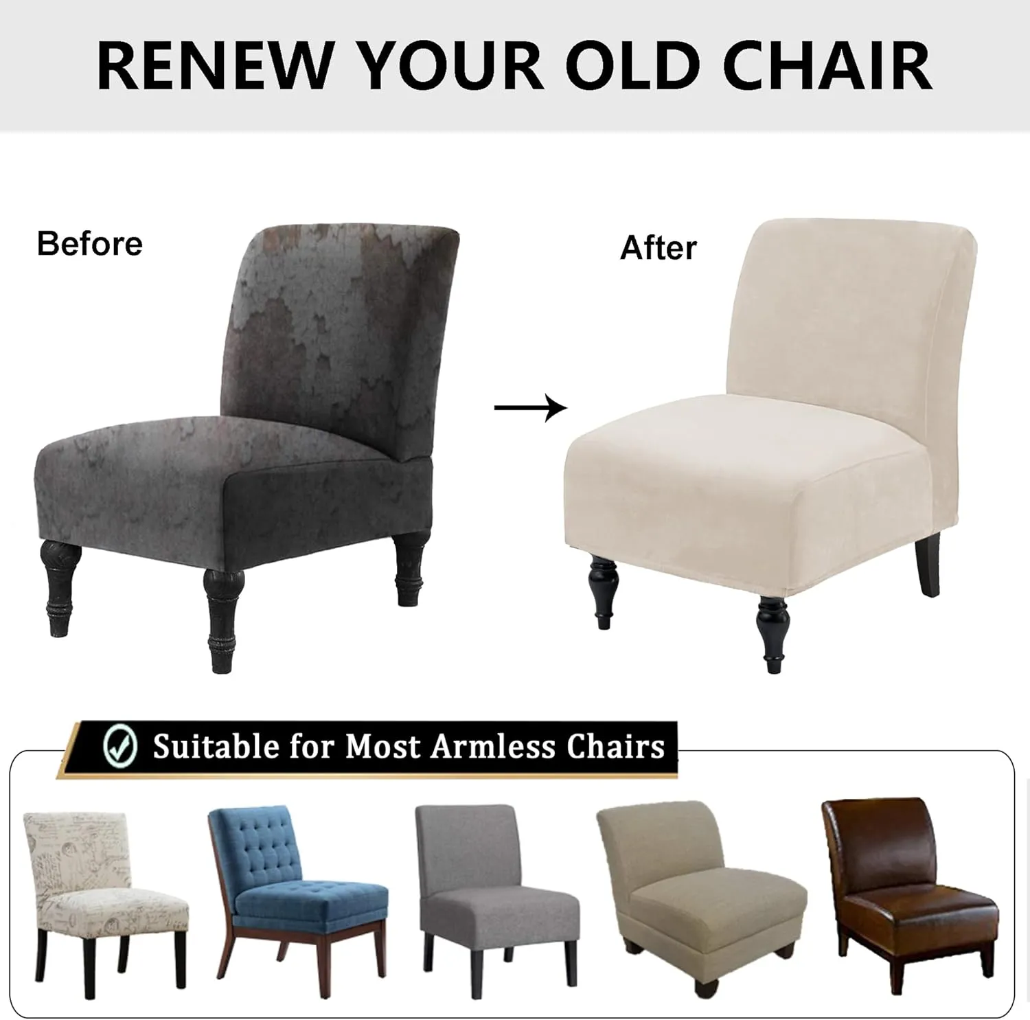 Velvet Armless Accent Chair Covers Luxury Thick Velvet Chair Slipcovers, Removable Furniture Protector for Living Dining Room Hotel, Ivory