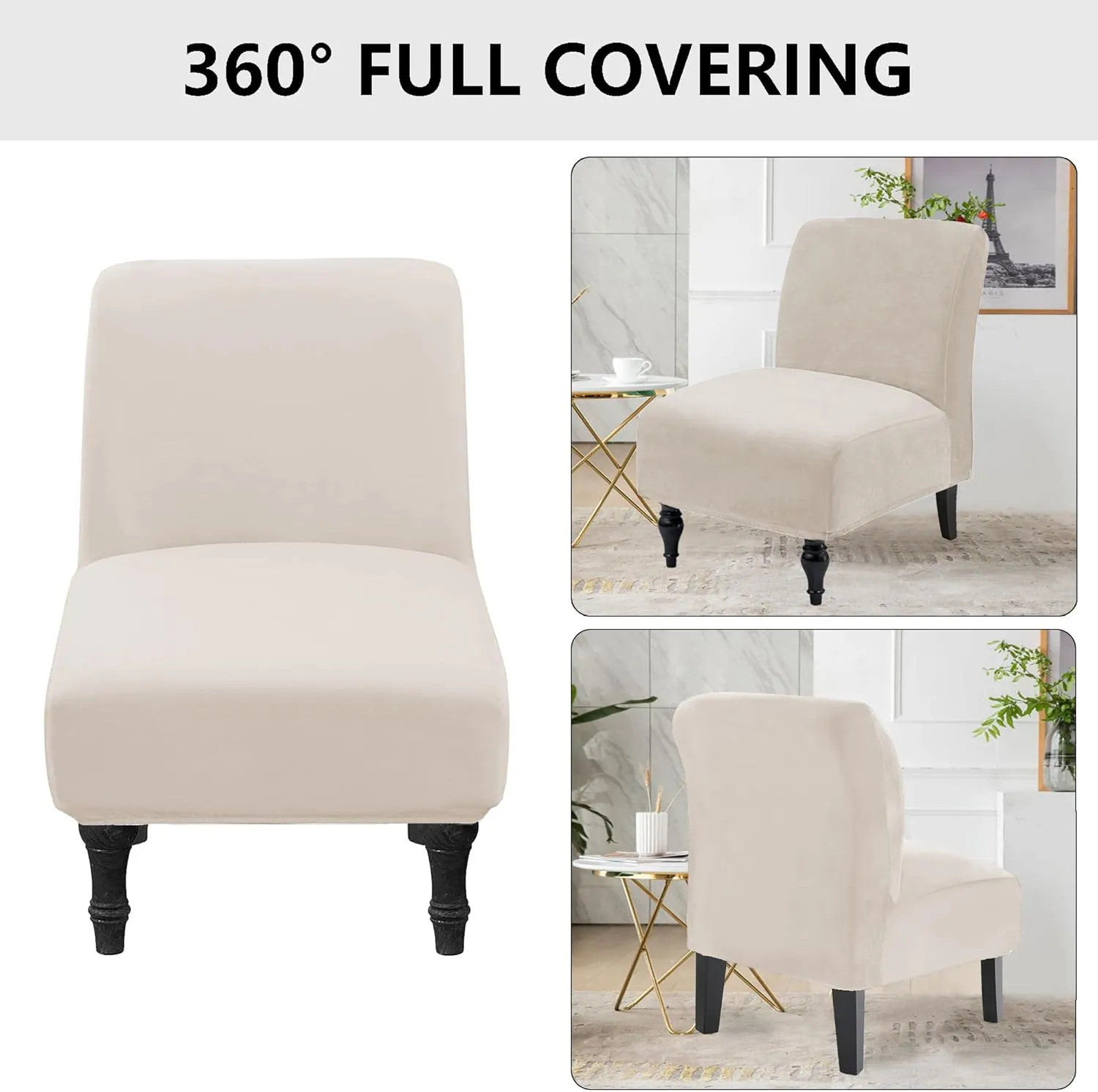 Velvet Armless Accent Chair Covers Luxury Thick Velvet Chair Slipcovers, Removable Furniture Protector for Living Dining Room Hotel, Ivory