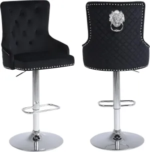 Velvet Barstools Set of 2, Modern Counter Height Adjustable Swivel Stools Chairs with High Tufted Backrest Chrome Base Lion Head Pull Ring Diamond Pattern Rivet Trim for Kitchen (Black)