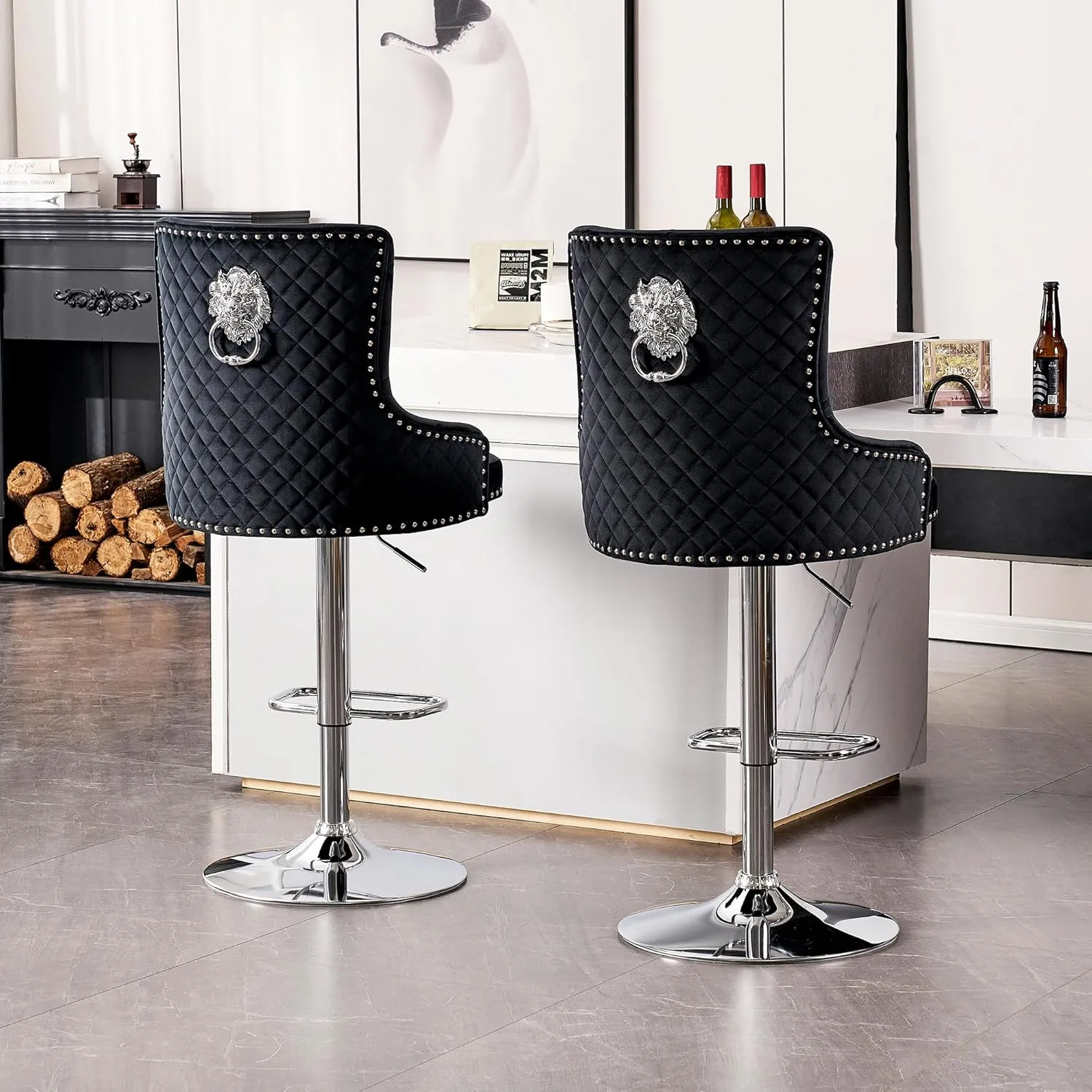 Velvet Barstools Set of 2, Modern Counter Height Adjustable Swivel Stools Chairs with High Tufted Backrest Chrome Base Lion Head Pull Ring Diamond Pattern Rivet Trim for Kitchen (Black)
