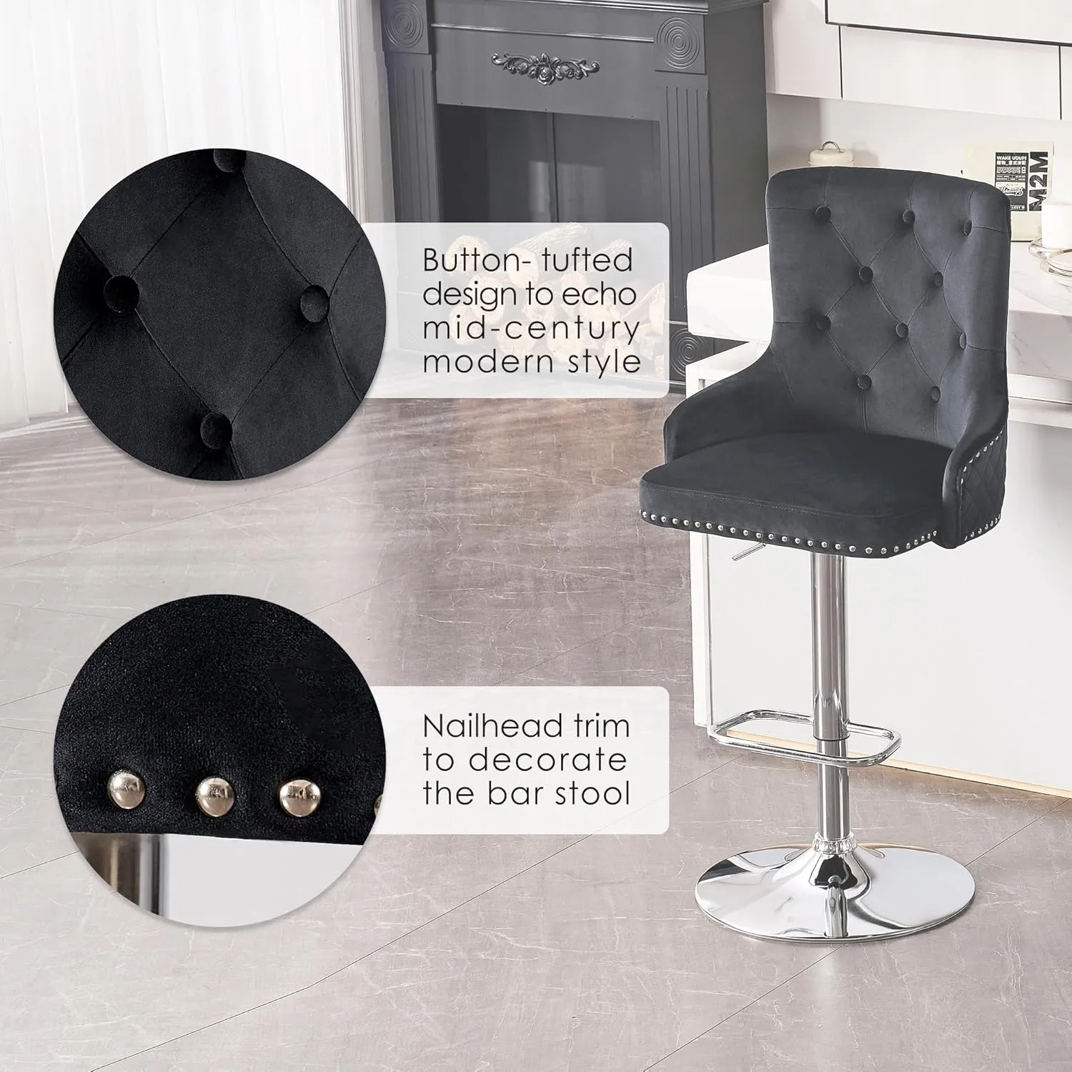 Velvet Barstools Set of 2, Modern Counter Height Adjustable Swivel Stools Chairs with High Tufted Backrest Chrome Base Lion Head Pull Ring Diamond Pattern Rivet Trim for Kitchen (Black)