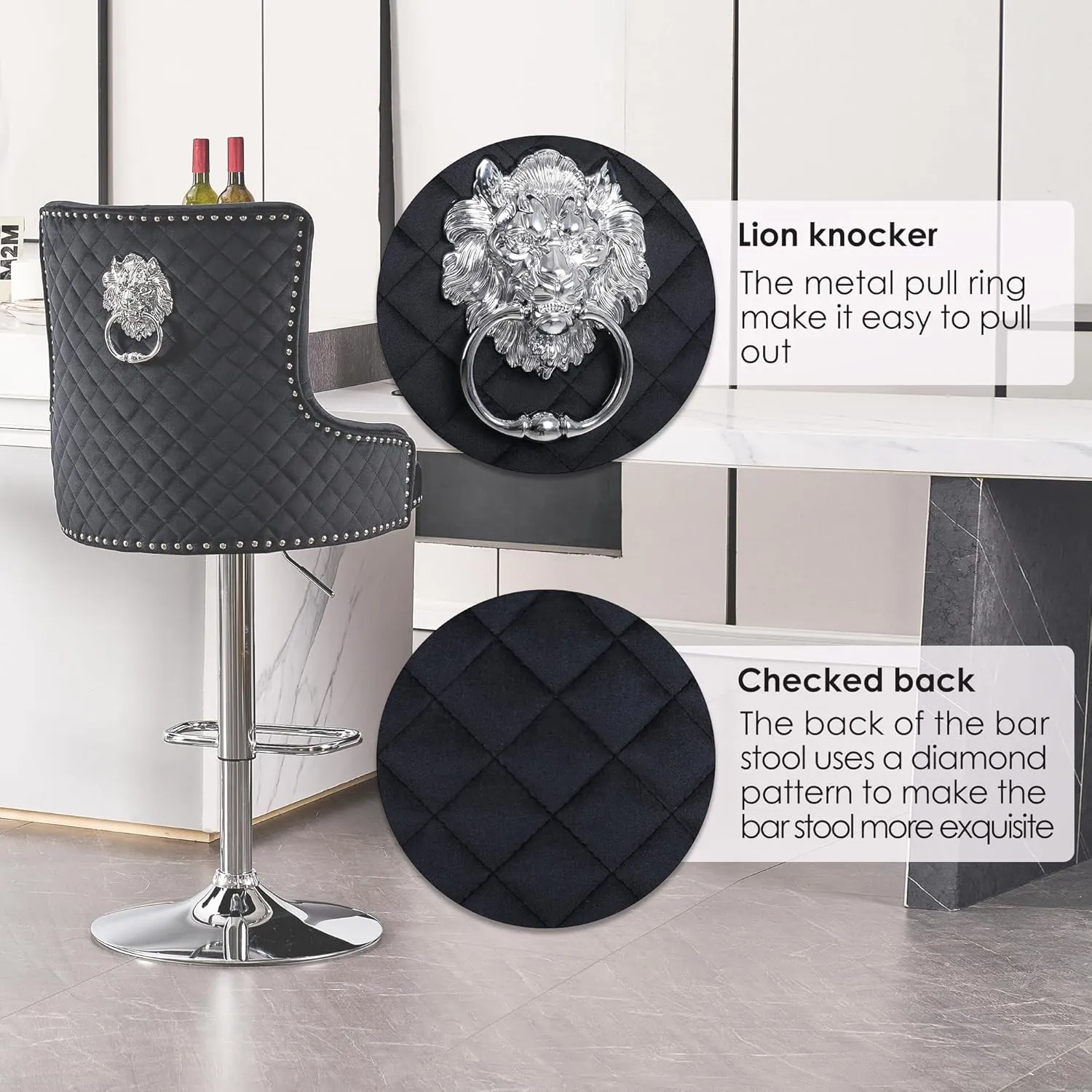 Velvet Barstools Set of 2, Modern Counter Height Adjustable Swivel Stools Chairs with High Tufted Backrest Chrome Base Lion Head Pull Ring Diamond Pattern Rivet Trim for Kitchen (Black)